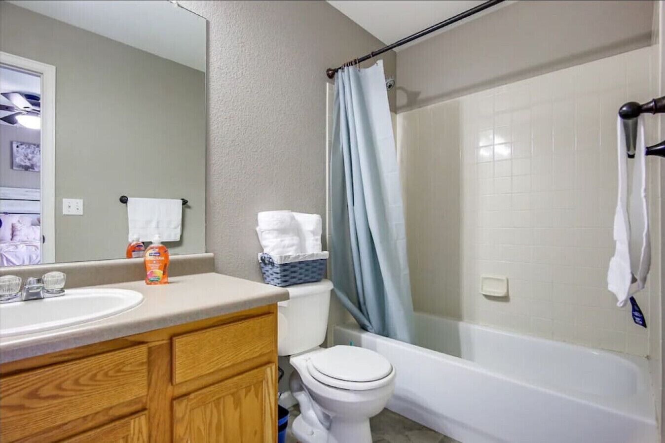 Een badkamer met een wastafel, spiegel, toilet en douche.
