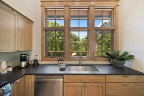 A kitchen with wooden cabinets, a stainless steel sink, a coffee maker, and a potted plant. - Boulder Springs Lodge at Eagles Nest (Banner Elk)