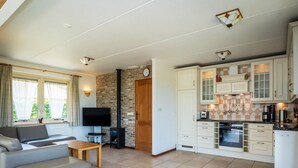 A modern living room with a sofa, a TV, and a fireplace. - Texel Nature Villa With Sauna (De Koog)