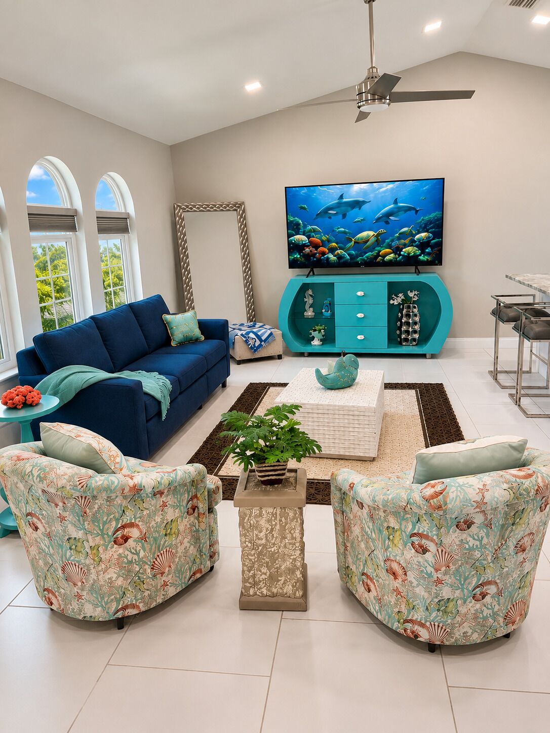 Ein Wohnzimmer mit blauem Sofa, türkisfarbenen Akzentstühlen, einem Flachbildfernseher und einem Deckenventilator.