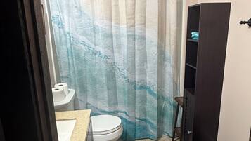 Hair dryer, towels, soap, toilet paper