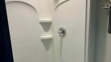 A shower stall with a built-in seat, a handheld showerhead, and a toilet to the right.