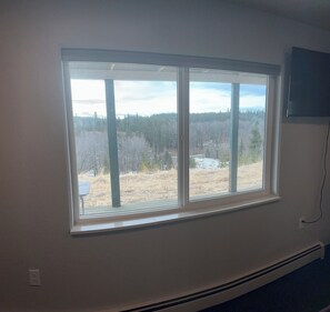 A room with a large window, a wall-mounted TV, and a power outlet. - ROOM 22. Angry Salmon Inn (Anchor Point)