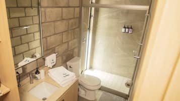 Shower, hair dryer, shampoo
