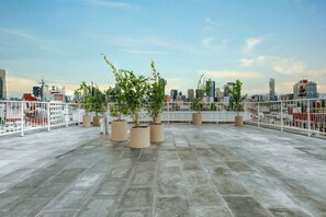 Eine Dachterrasse mit Kübelpflanzen, im Hintergrund eine Stadtansicht und ein weißes Geländer.