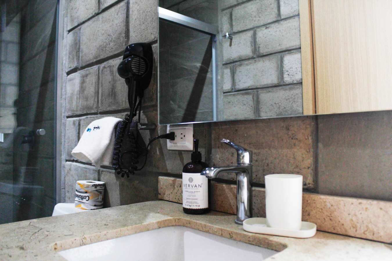 Shower, hair dryer, shampoo