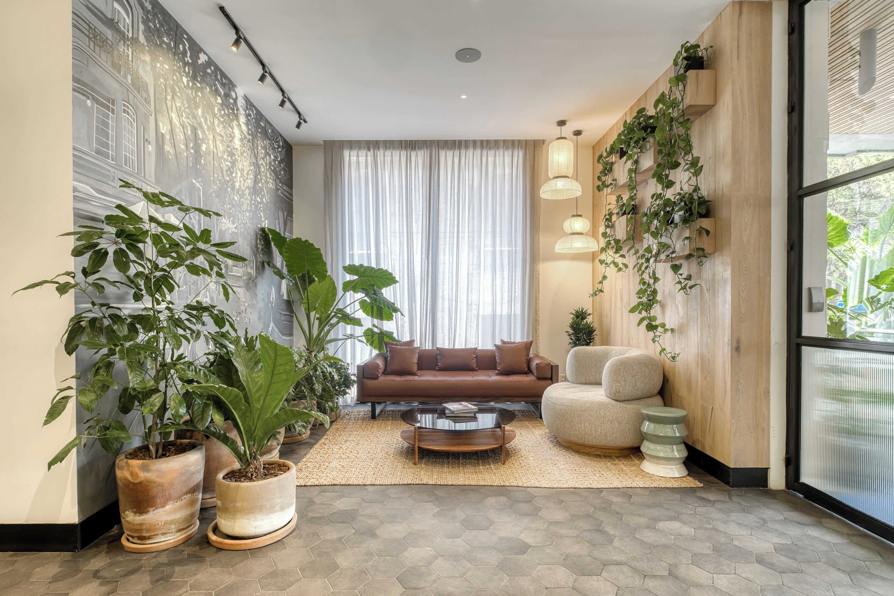 A modern living room with a brown sofa, a coffee table, and potted plants.