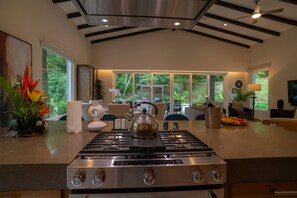 Uma cozinha moderna com fogão de aço inoxidável, janelas amplas e vista para o exterior.