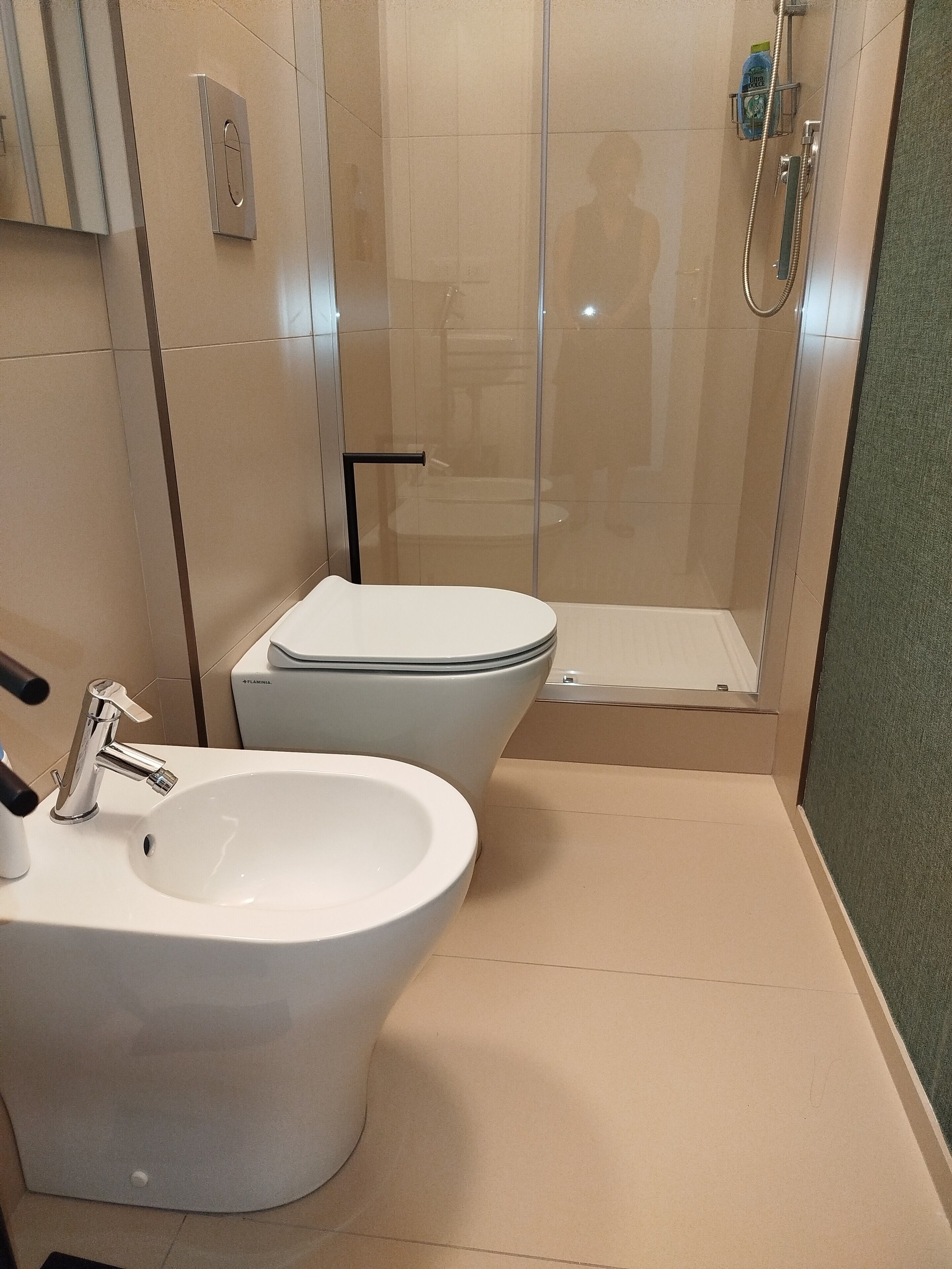 A bathroom with a bidet, toilet, and a glass-enclosed shower area.