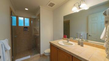 Shower, hair dryer, towels, shampoo