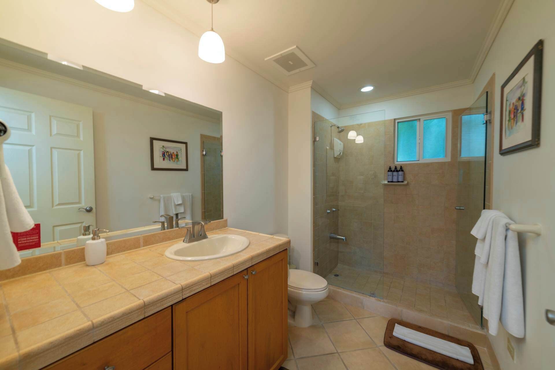 Une salle de bain dotée d’un meuble-lavabo à deux vasques, de toilettes, d’une douche à parois de verre et d’un grand miroir.