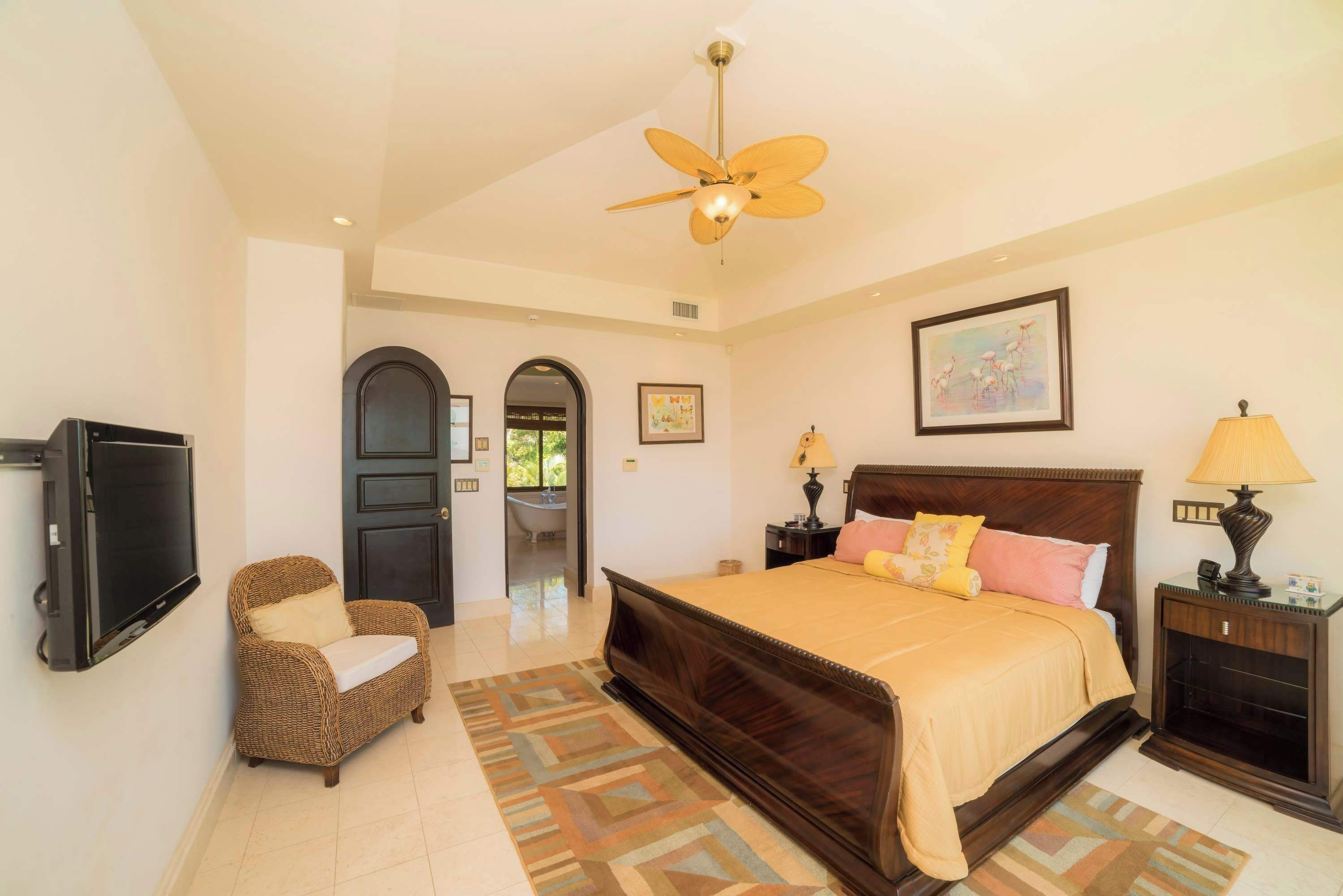 Une chambre à coucher comprenant un lit, un téléviseur, une chaise, un ventilateur de plafond, et une salle de bain visible à travers une arche.
