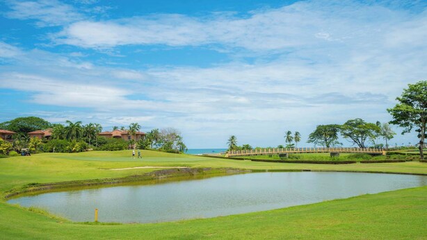 Un parcours de golf avec un étang, des palmiers et un ciel dégagé.