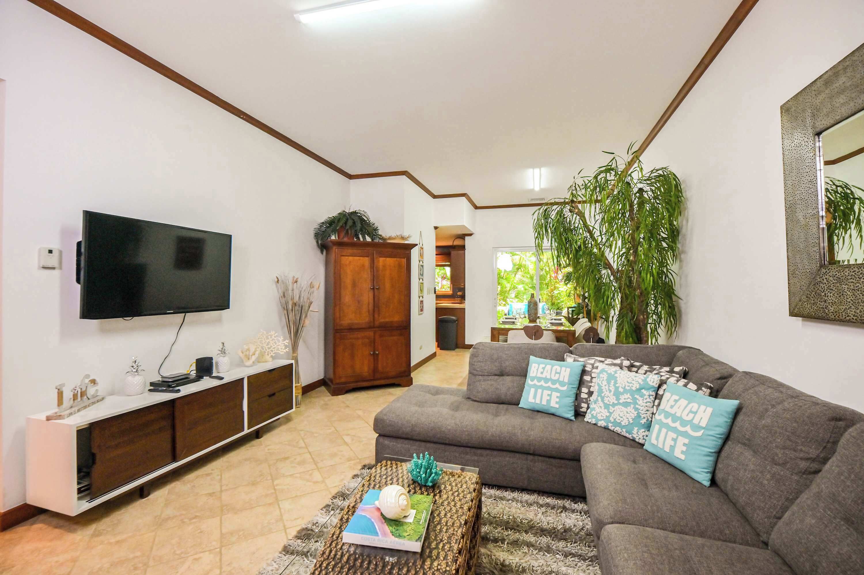 Ein Wohnzimmer mit einem Flachbildfernseher, einem grauen Sofa mit Kissen im Strandstil, einer Holzkommode und einer großen Pflanze.