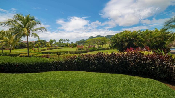 A well-maintained garden with manicured lawns, palm trees, and a variety of shrubs. - Del Mar 4N - 3 bdr 2 bath Family (Playa Herradura)