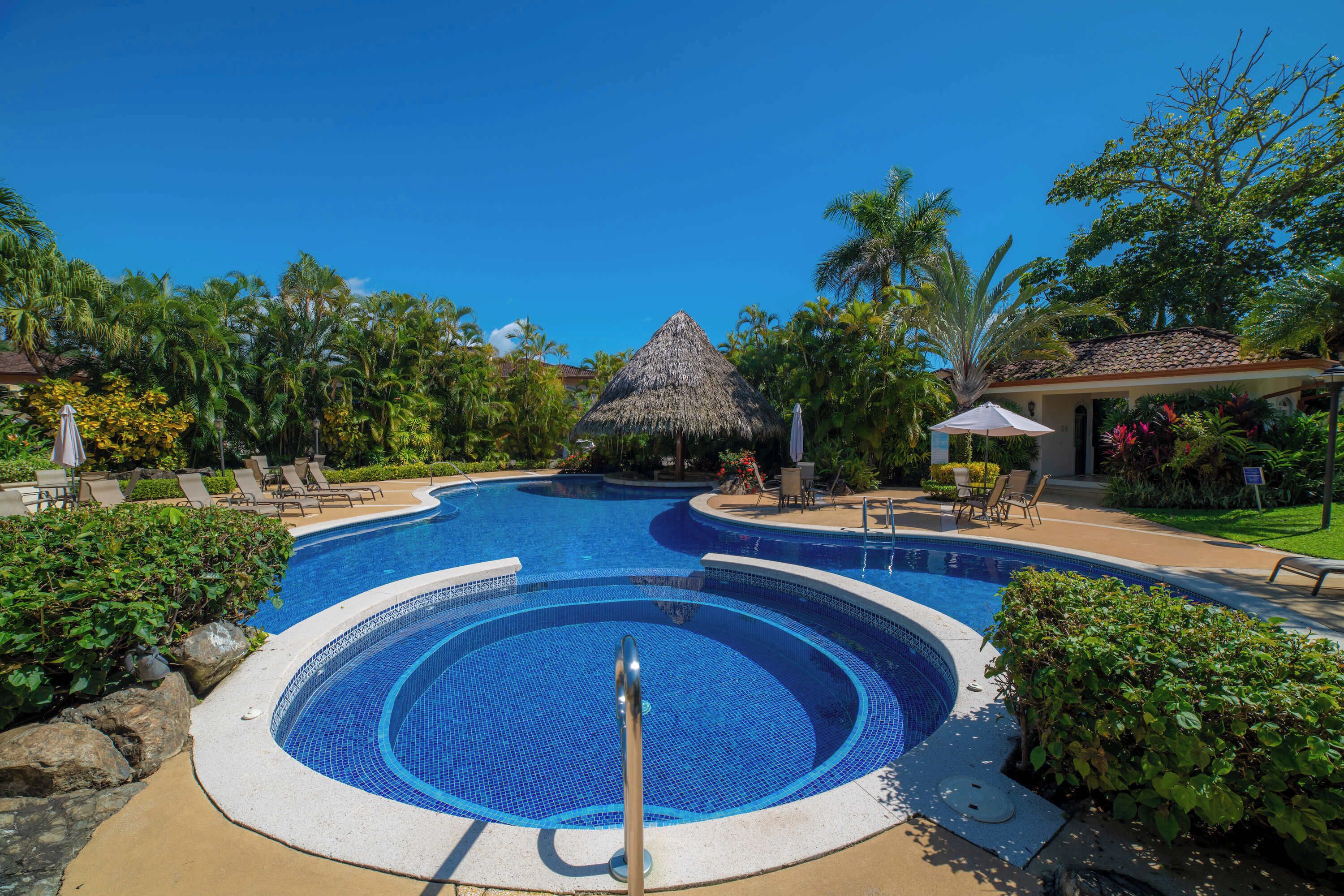 A swimming pool with a circular hot tub, surrounded by lounge chairs and palm trees.