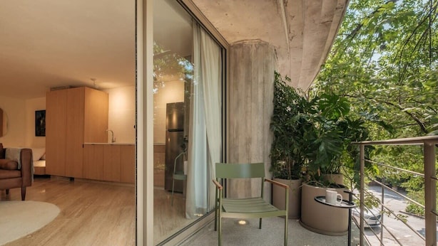 Uma sala moderna com uma porta de vidro que dá para uma cozinha, uma poltrona verde e plantas em vasos.