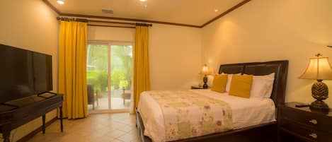 A hotel room with a bed, a television, a ceiling fan, and a view of the outdoors.