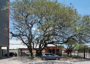 A parking area with a large tree, a building, and a car. - Modern 2BR Apt with Balcony Free Parking B53 (Asunción)