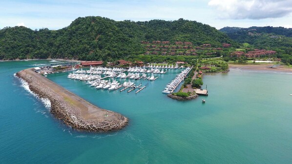 An aerial view of a marina with numerous boats docked, surrounded by lush greenery and hills in the background.