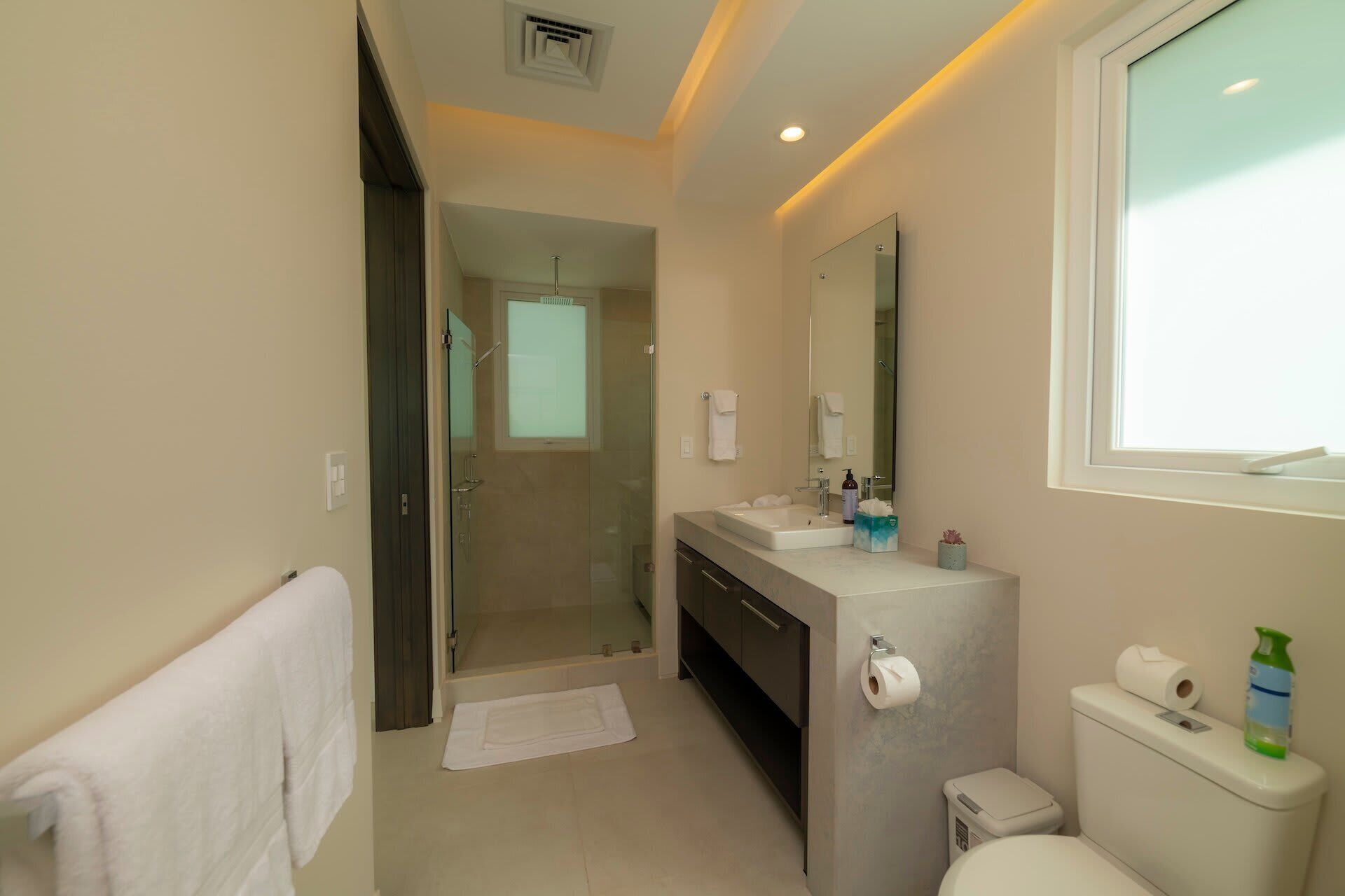 Shower, hair dryer, towels, shampoo