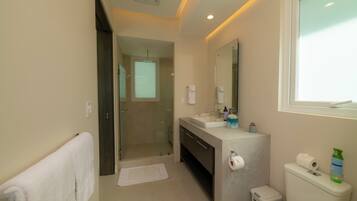 Shower, hair dryer, towels, shampoo