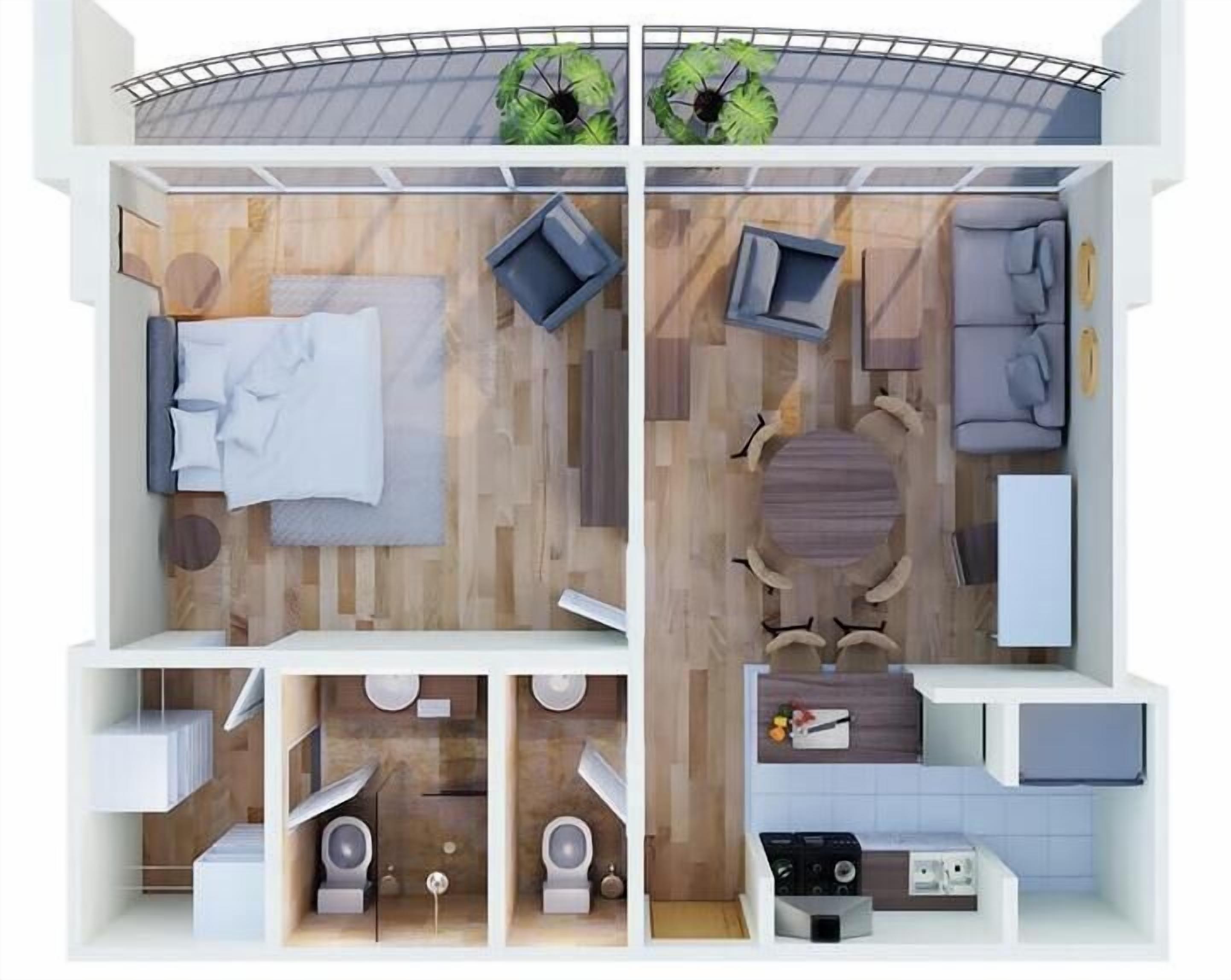 Un appartement à deux étages avec un balcon, une chambre à coucher comprenant un lit et des tables de chevet, un salon avec un canapé et une table basse, une cuisine équipée d’une cuisinière et d’un évier, et une salle de bain avec des toilettes et un lavabo.