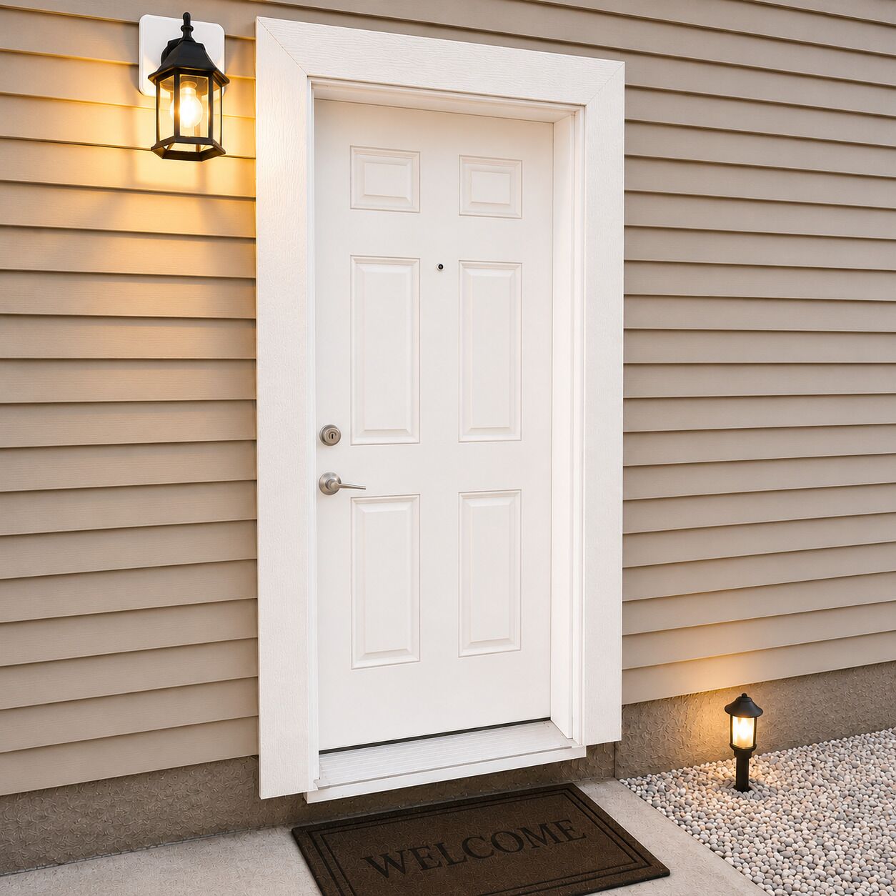 A white door with a doormat reading 'WELCOME' and two wall-mounted lanterns on either side.