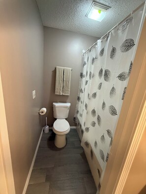 Hair dryer, towels, soap, shampoo