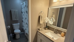 Un bagno con il water, lavandino, specchio e tenda della doccia.