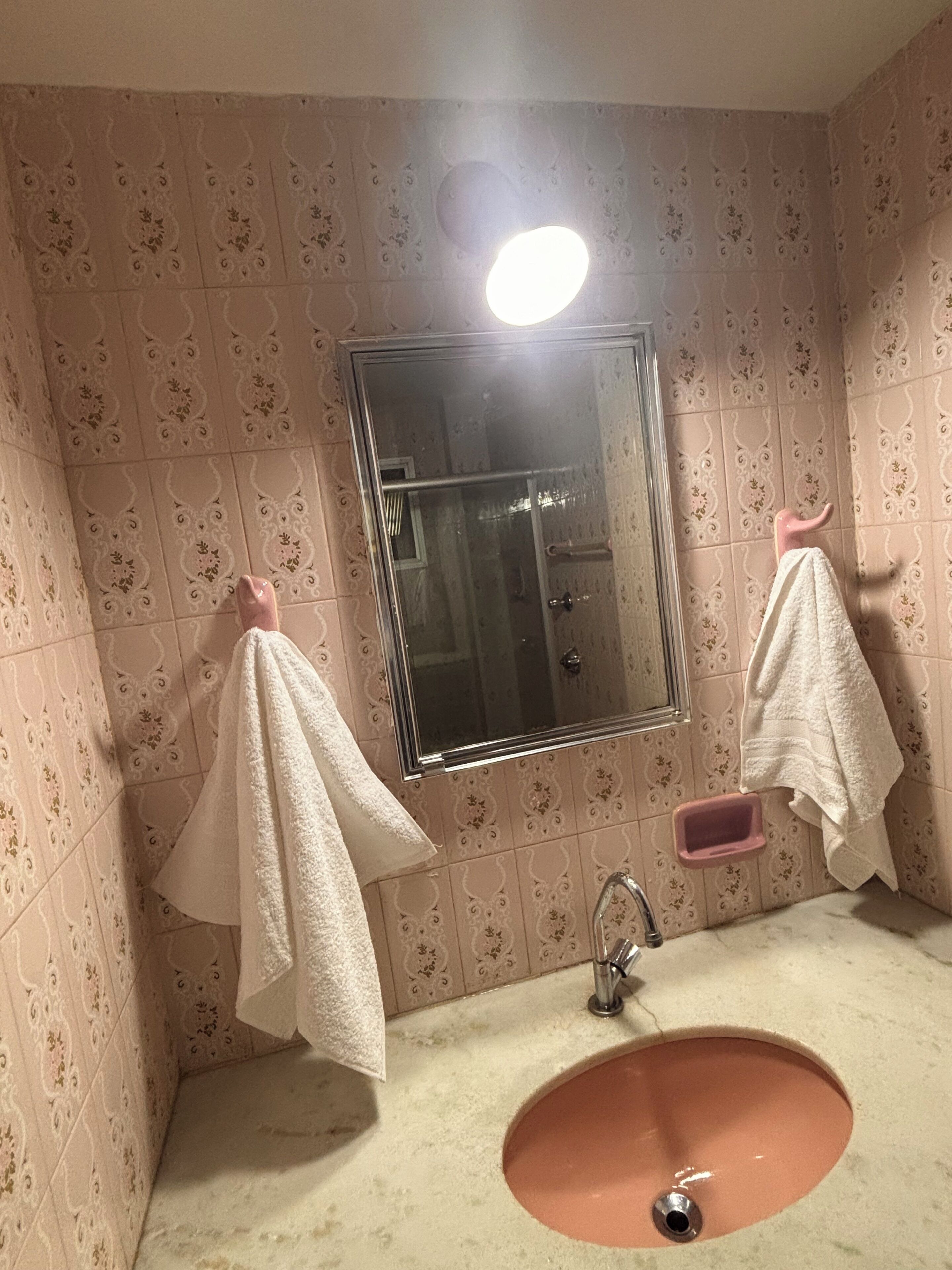 Ein Badezimmer mit gemusterten Fliesen, einem Waschbecken, einem Spiegel und zwei Handtüchern, die an Haken hängen.