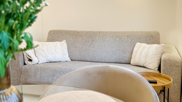 A neutral-toned sofa with two pillows, a small wooden side table, and a vase with green foliage. - Det Gamle Vaskeri - Historical Apartment in Horsens (Horsens)