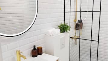 Hair dryer, towels, soap, toilet paper