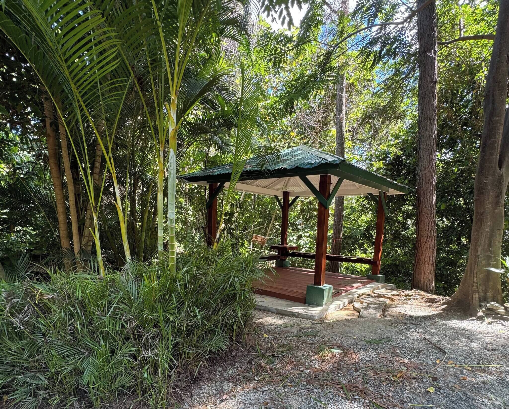 Ein Pavillon mit Dach, umgeben von dichtem Grün und Bäumen.