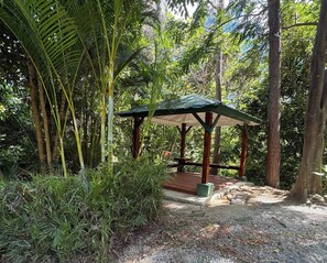 A gazebo with a roof, surrounded by dense foliage and trees.