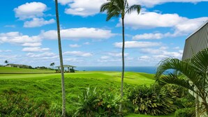Un campo de golf con un pabellón, palmeras y vista al océano.