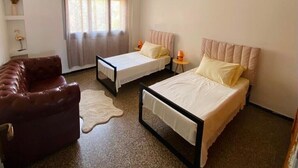 Habitació amb dos llits, un butac armchair de pell, una catifa petita i una finestra amb cortines.