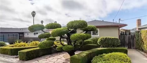 Un barrio residencial con un jardín bien cuidado que presenta un árbol topiario único, un camino de entrada pavimentado y una casa con garaje.