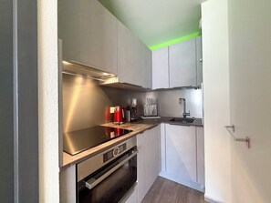 A compact kitchen with a built-in oven, a stovetop, and a sink. - Esplanade du Lac, 3 personnes T2 terrace parking (Aix-les-Bains)