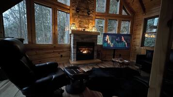 TV connectée, cheminée, lecteur de DVD, livres
