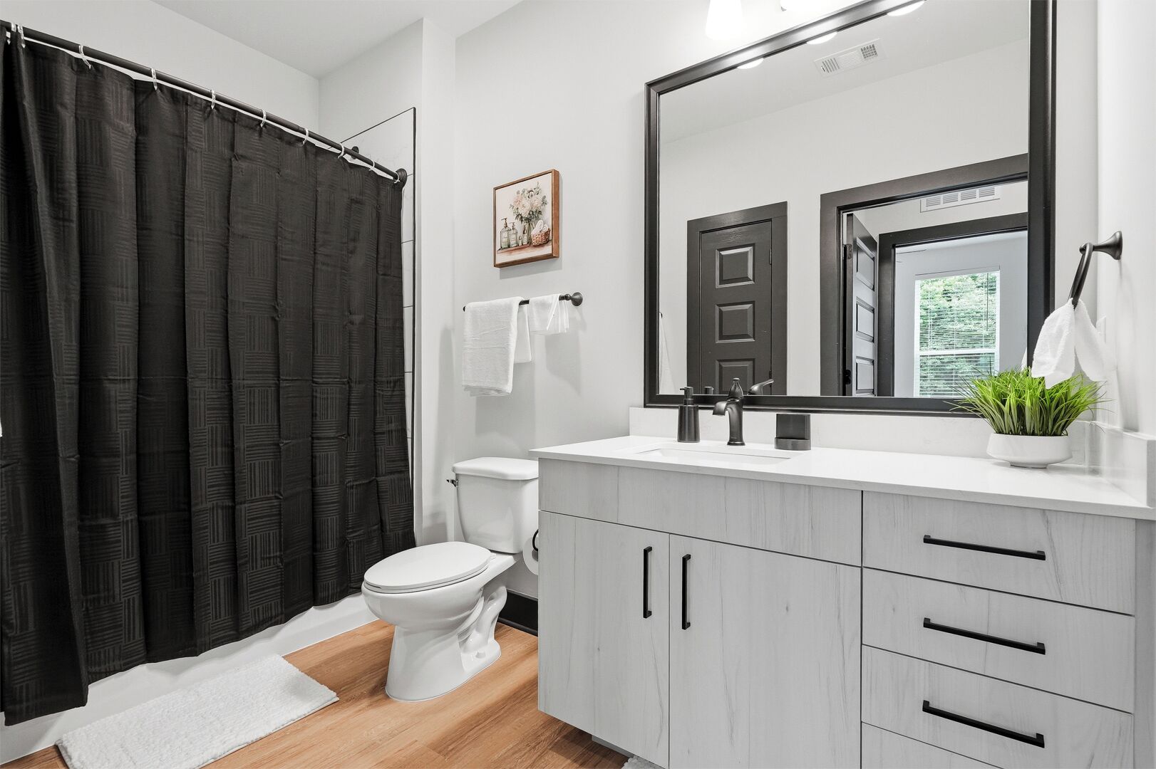 Shower, towels, soap, toilet paper
