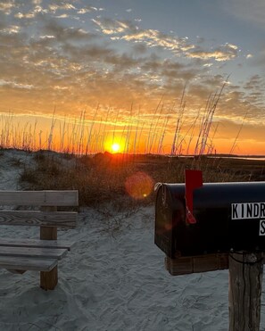 Ein Briefkasten mit dem Aufkleber 'KINDR' an einem sandigen Strand, im Vordergrund eine Holzbank und Gras.