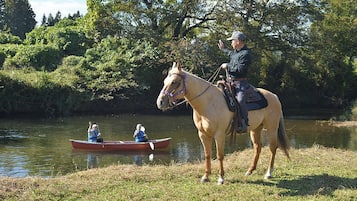 A horse with a rider standing on grass near a calm body of water, with a small boat and two people in it.