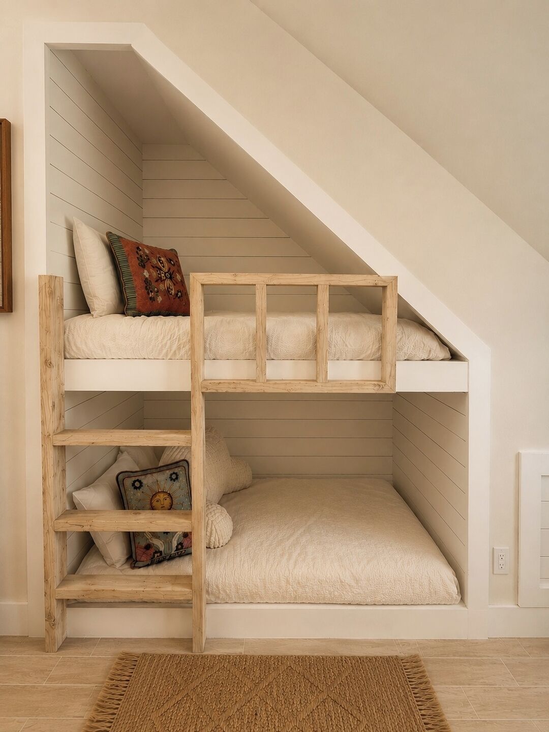 Letto a castello multistrato con struttura in legno, ripiano inferiore e materasso con cuscino decorativo.