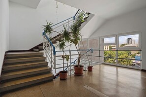 A staircase with a railing, potted plants, and a view of buildings through large windows. - North Station Studio w. AC (Bucharest)