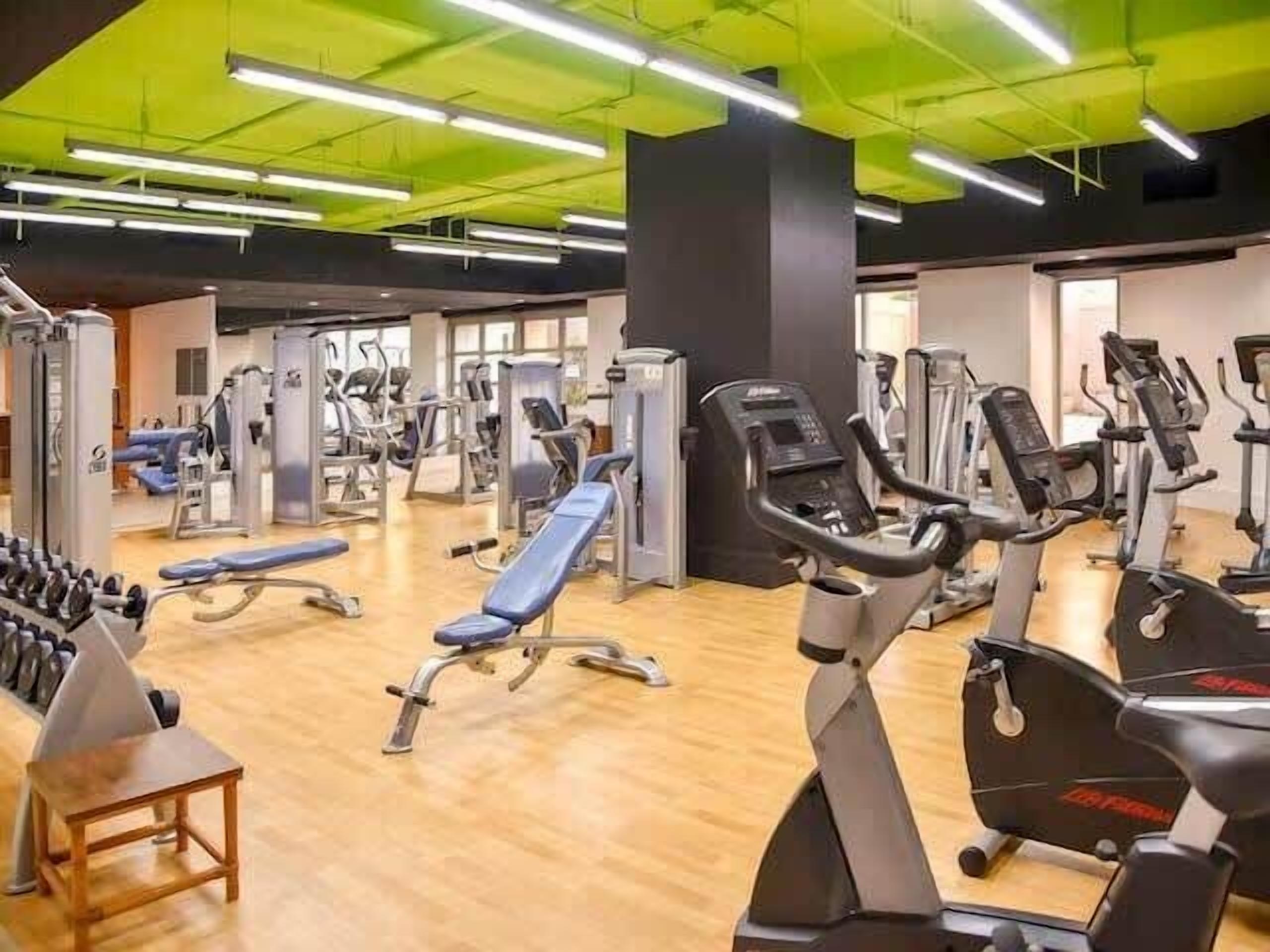 Uma academia com diversos equipamentos de exercício, incluindo esteiras e aparelhos de musculação.