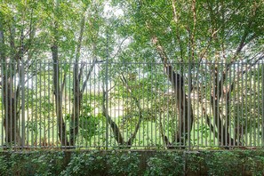A metal fence with trees and greenery behind it. - Corporate Studio in San Jose Urban Flats Building (Pozos)