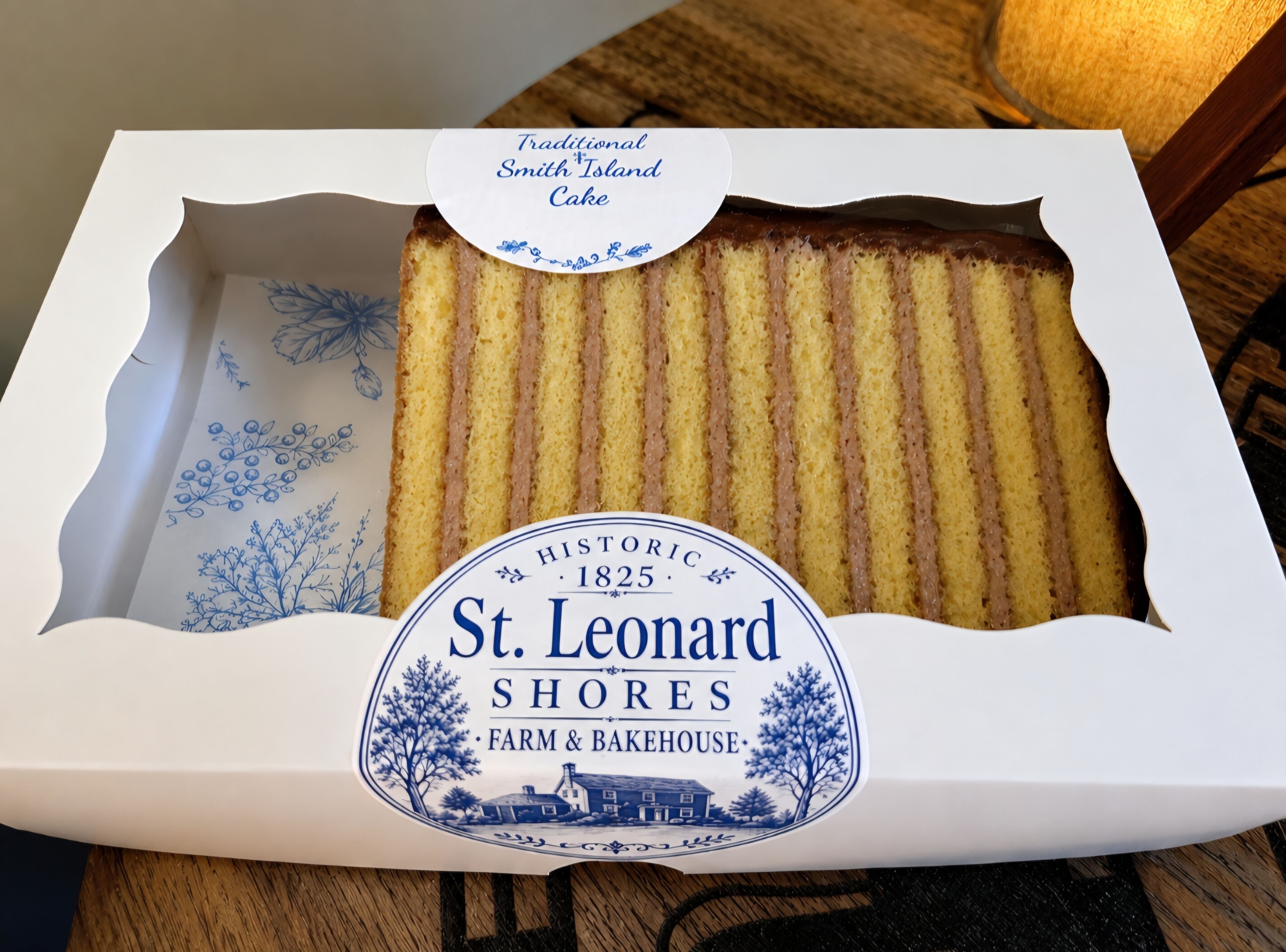 Un pastel en una caja blanca con una etiqueta que dice 'Pastel Tradicional de Smith Island' y 'Granja y Baehouse St. Leonard Shores 1825'.