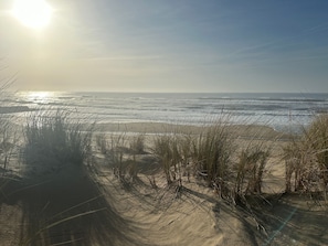 A beach with sand dunes and ocean waves.