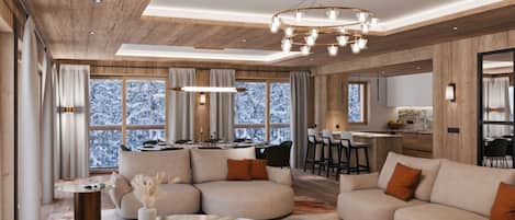 A modern living room with a sectional sofa, a coffee table, and a dining area with a bar.